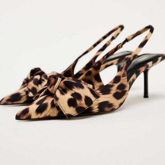 ZARA ANIMAL PRINT STUDDED SLINGBACK HEELS WITH BOW - Picture 1 of 8